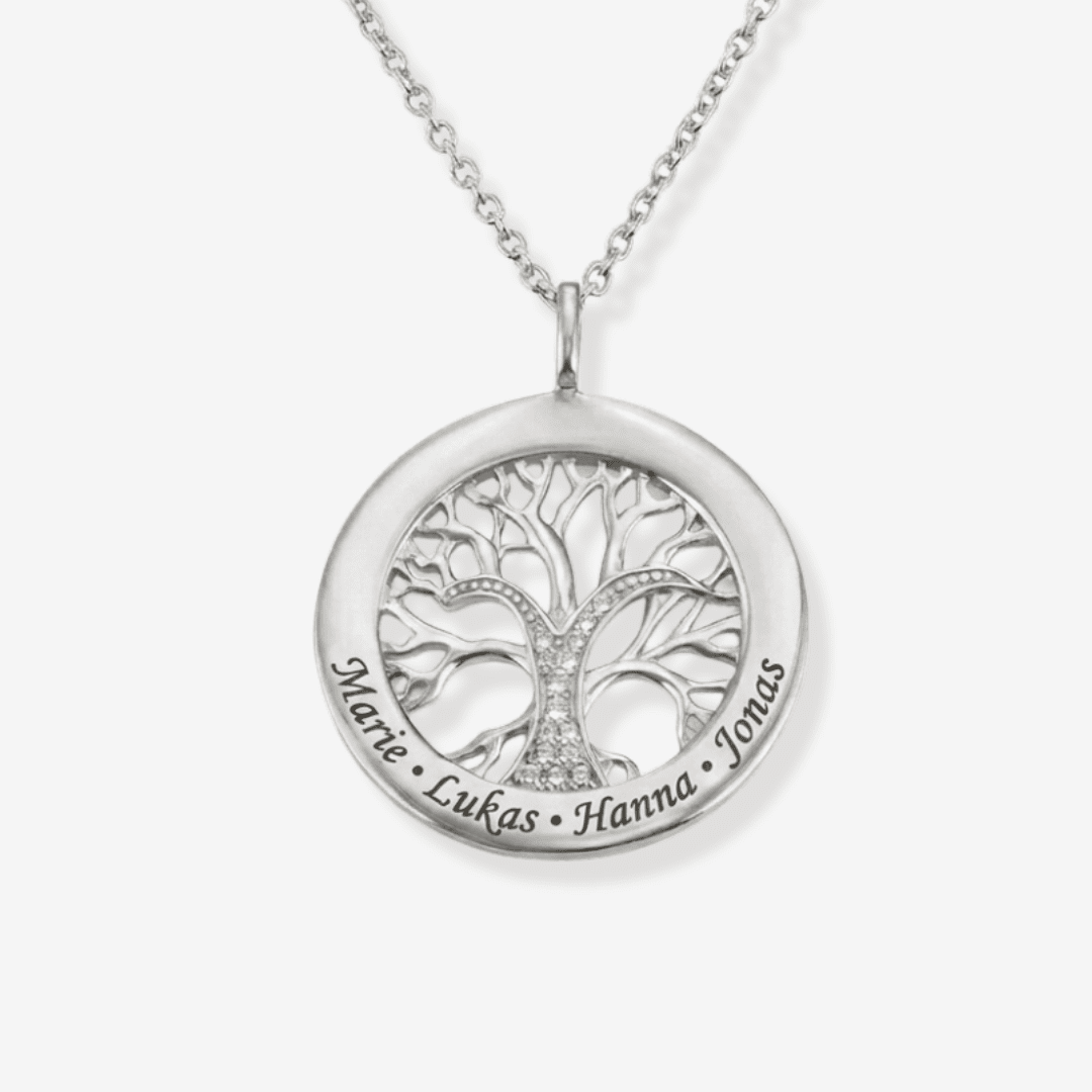 Familienbaum Kette mit gravierten Namen und Zirkonia