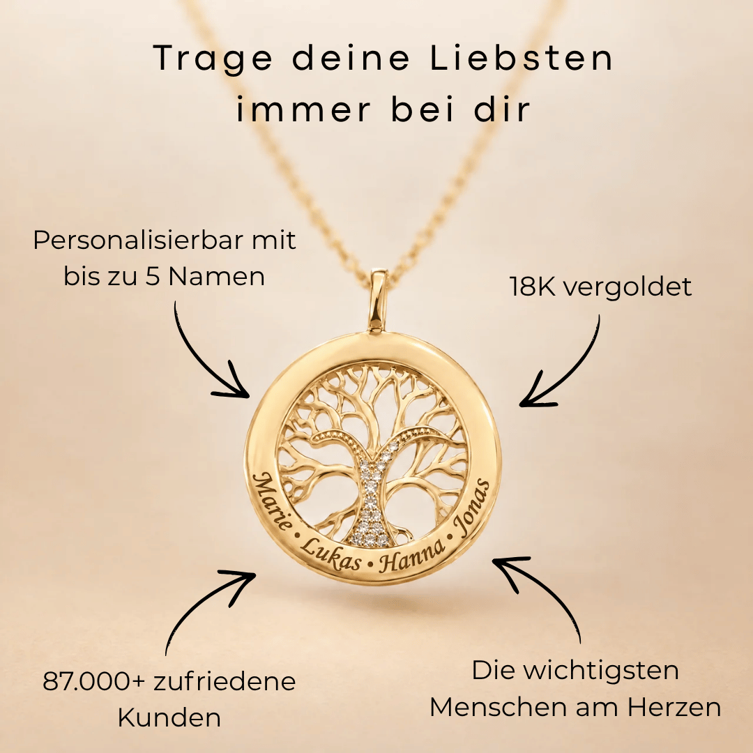 Familienbaum Kette mit gravierten Namen und Zirkonia