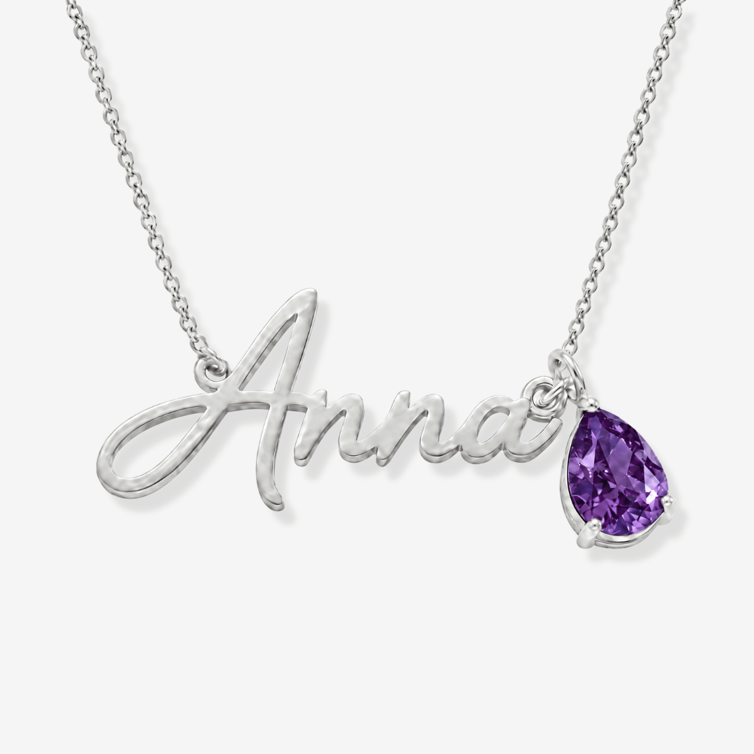 Namenskette mit Geburtsstein - Silber Februar Amethyst